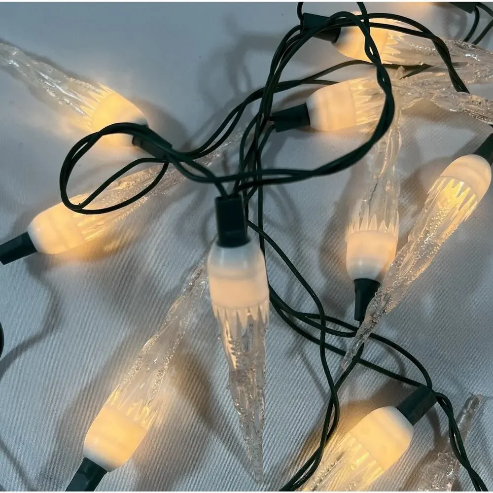 Vintage White Clear Icicle Christmas String Lights Set of 20 Green Wire Cord
